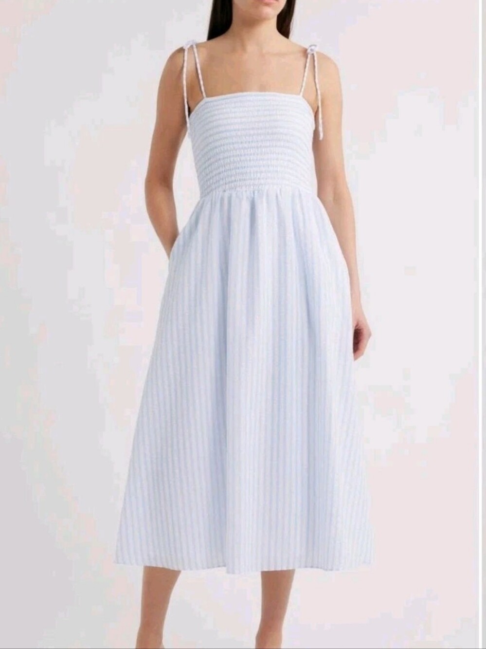 Julia Jordan Blue & White Sleeveless Tie Smocked Midi Dress Msrp $129
